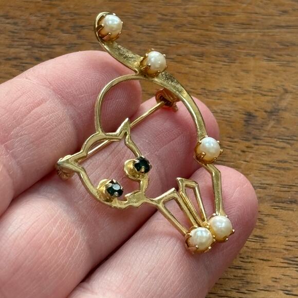 Halloween Scared Cat Brooch Gold Tone Pearl Beads Rhinestone Eyes Novelty Pin - Picture 5 of 5